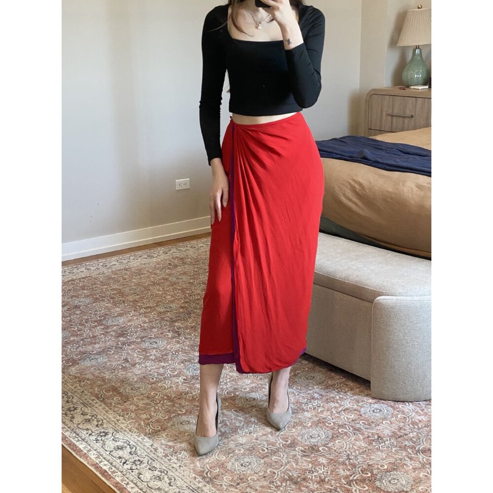 Linda Allard Ellen Tracy Red Purple 100% Silk Skirt Size 10 Vintage - Picture 8 of 8